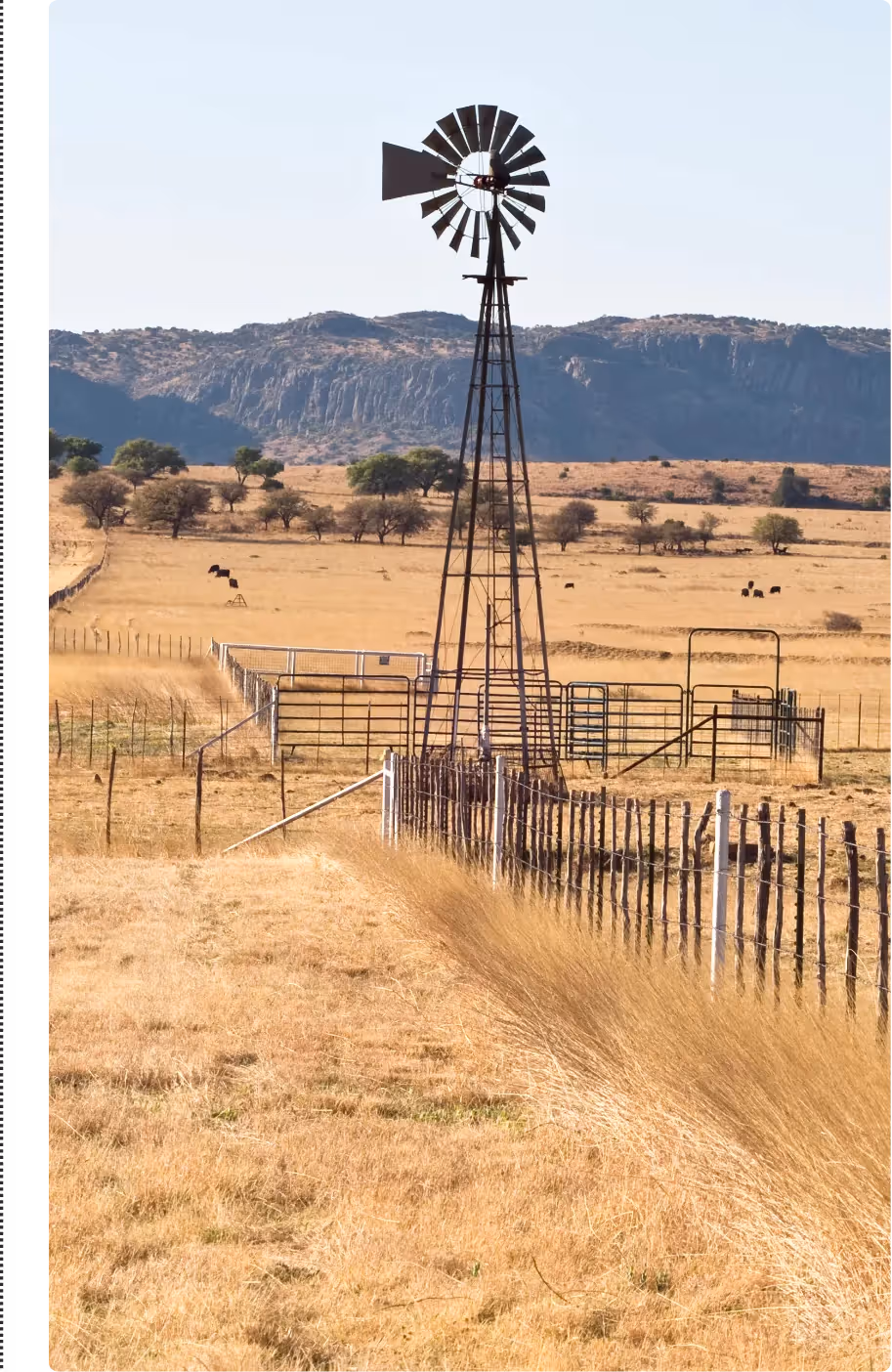 Wide open Texas ranch — windmill, fence line, mesa horizon